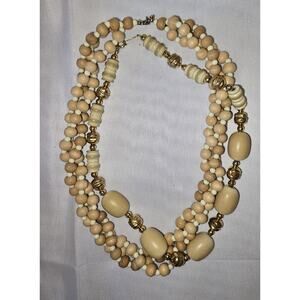 Lot Of 2 Wooden & Cream & Gold Tone Beaded Layered Necklaces Napier 16" & 17"